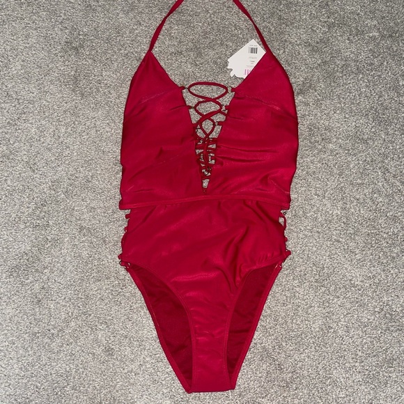 YMI Swimwear Lipstick Red Lace-up Halter One-Piece - Picture 4 of 6